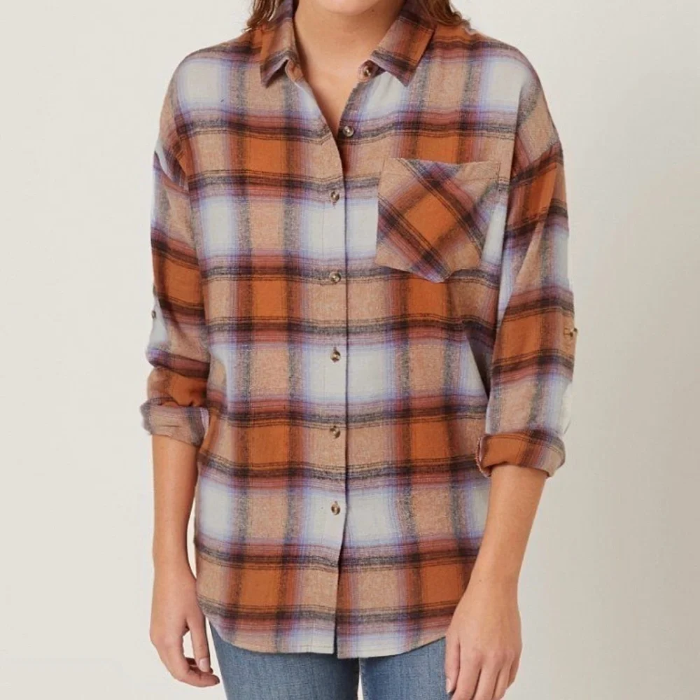 Daytrip Orange and Blue Plaid Button Down Shirt